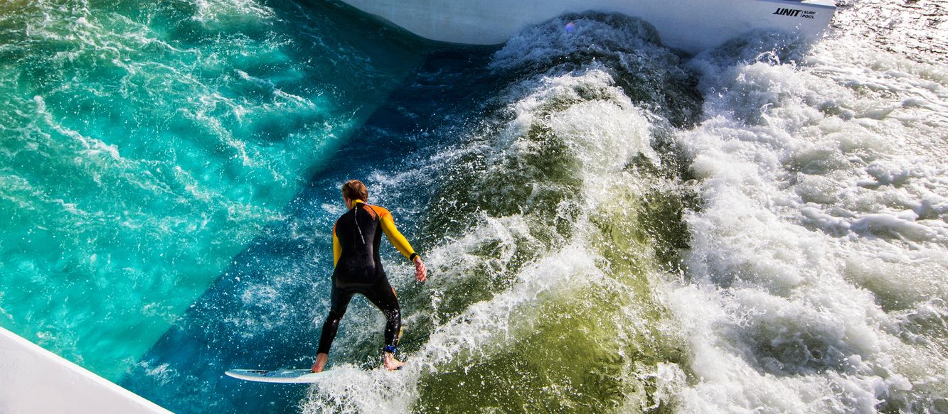 Man surfing Surf Langenfeld's 8 meter UNIT Surf Pool
